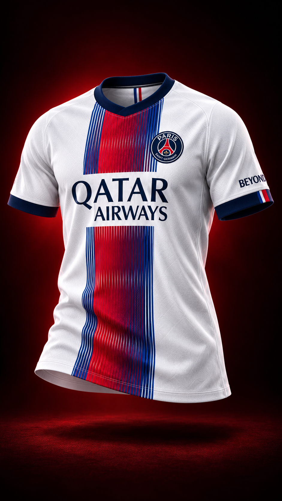 Maillot PSG extérieur blanc, rouge et bleu en rendu 3D sur fond noir et rouge